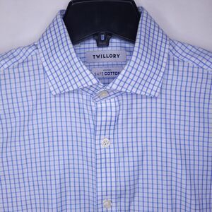 Twillory Shirt Mens 16 32/33 Check White Blue Tailored Fit Non Iron Safe Cotton